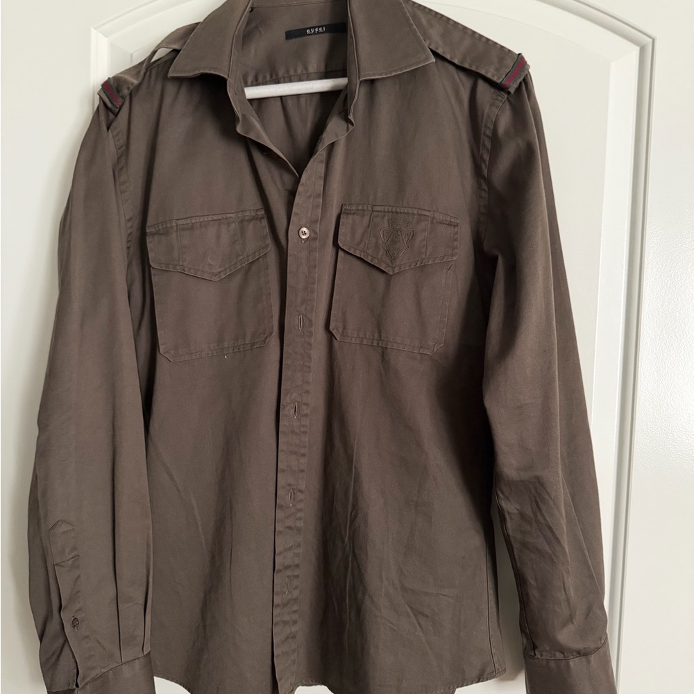 Gucci Vintage Men's Khaki Button Down Shirt - Picture 2 of 6